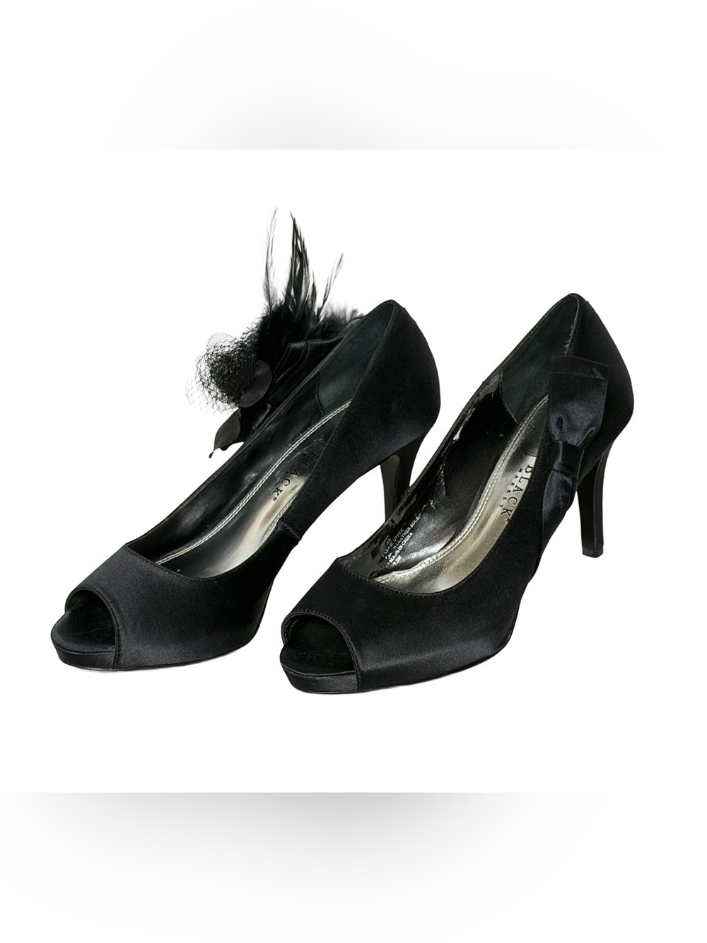 White House Black Market Naples Black
Satin Peep Toe Heels Feather Corsage, 7.5M
